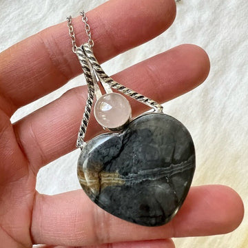 925 Love + Protection Rose Quartz + Banded Onyx Heart ❤️ Necklace Pendant