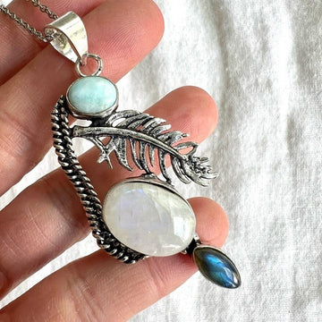 925 Rainbow Moonstone + Larimar + Blue Flash Labradorite FEATHER Necklace