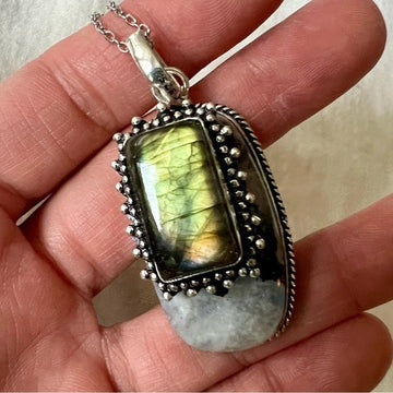 925 SUNSET Flash! Layered Labradorite on Moonstone w/ Black Toirmaline! necklace