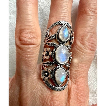 925 Flower Child Rainbow Flash Moonstone Shield Ring 6 7 8 9