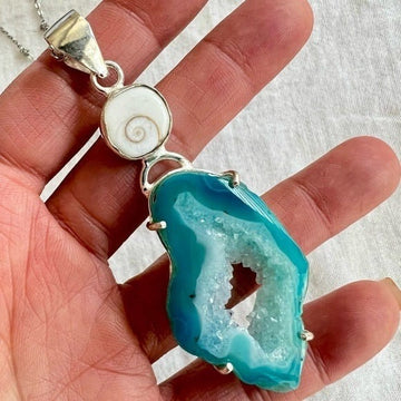 925 Shiva Eye Shell + Solar Window Quartz Micro Crystals Necklace Pendant