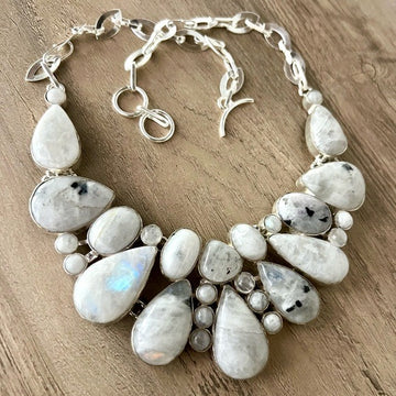 925 MOON GODDESS Rainbow Flash Moonstone Collar Bib Necklace