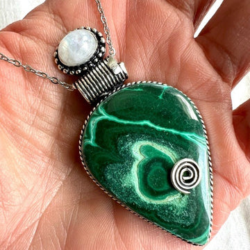 925 Activation Malachite + Rainbow Flash Moonstone Necklace Pendant