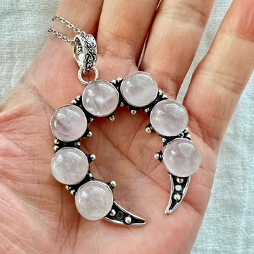925 STUNNING Crescent Rose Quartz Pendant Necklace