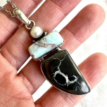 925 Larimar + Dragon Septarian + Pearl Necklace Pendant