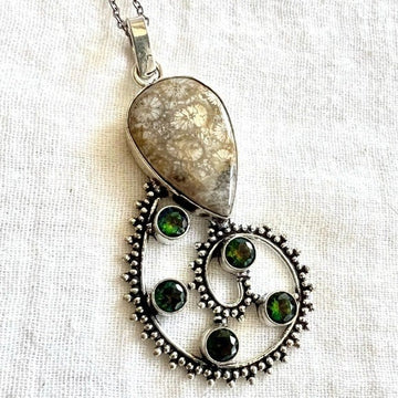 925 Agatized Coral + Fibonacci Mystic Topaz Necklace Pendant