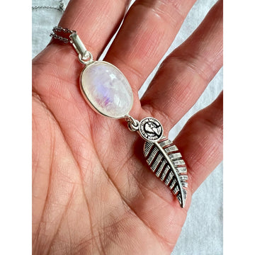925 Rainbow Flash Moonstone Feather Lucky Pendant Necklace