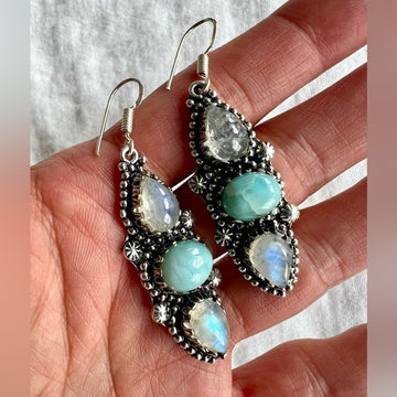 925 GORGEOUS! Larimar + Rainbow FLASH MOONSTONE Earrings