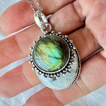 925 Layered Flash Labradorite + Rainbow Moonstone w/ Black Tourmaline Necklace
