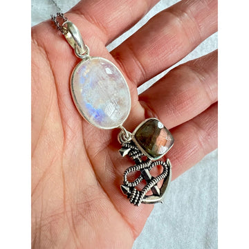 925 Anchor Rainbow Flash Moonstone + Purple Flash Labradorite Necklace Pendant