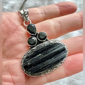 925 EMF Protection Raw Black Tourmaline Pendant Necklace
