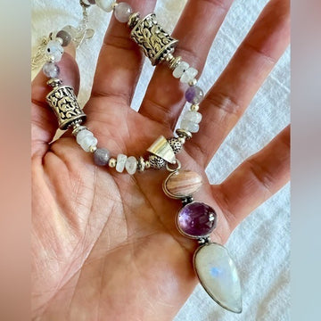 925 OMG OMG GORGEOUS Rainbow Flash Moonstone + Amethyst Beaded Necklace