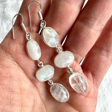 925 Delicate Rainbow Flash Moonstone Dangly Earrings