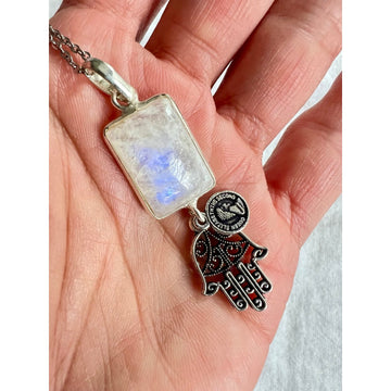 925 Hamsa Rainbow Flash Moonstone Pendant Necklace