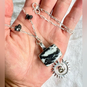 925 White Buffalo Jasper REIKI Mandala Paper Clip Necklace Pendant