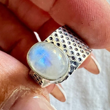 925 Adjustable Embossed Rainbow Flash Moonstone Ring 6, 7, 8