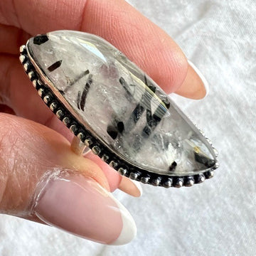 925 Yin Yang Tourmalated Quartz Ring 7.25