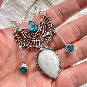 925 Ornamental Rainbow Moonstone + Swiss Topaz Necklace Pendant
