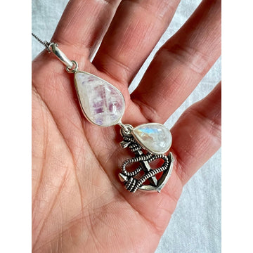 925 Anchor Rainbow Flash Double Moonstone Necklace Pendant