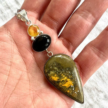 925 Peace + Protection Bumble Bee Jasper + Onyx Pendant Necklace