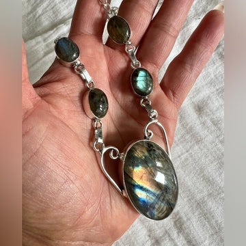 925 WOW! Rainbow Lightning Flash Labradorite 5 Stone Necklace