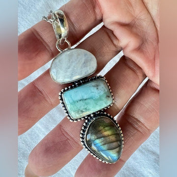 925 Trifecta Rainbow Flash Moonstone + Larimar + Labradorite Pendant Necklace