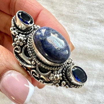925 GODDESS SHIELD RING Lapis Lazuli + Blue Topaz 7