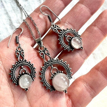 925 Ornamental Rose Quartz Earrings + Necklace SET