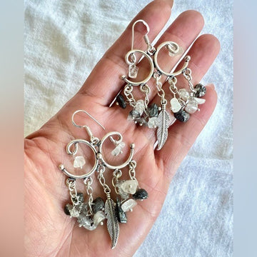 925 Fancy Feather Tourmalated Quartz Chandelier Earrings