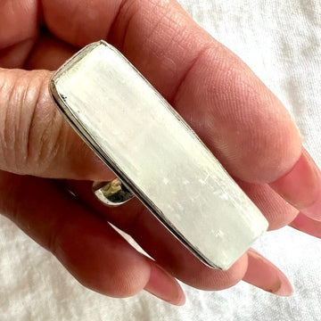 925 Raw Selenite Long Geometric Ring 9