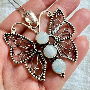 925 Whimsical BUTTERFLY Rainbow Flash Moonstone Pendant Necklace