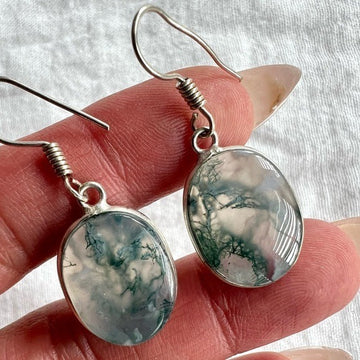 925 Dainty Petite MOSS AGATE Drop Earrings