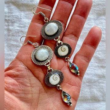925 AMAZING! Rainbow Moonstone + Shivas Eye + Mystic Topaz Earrings