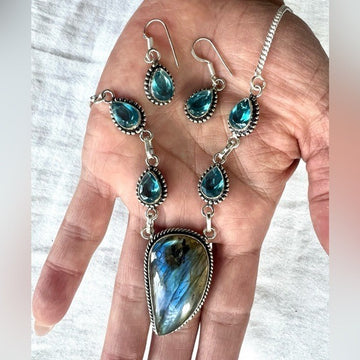 925 (2) Pieces SET Rainbow Flash Labradorite + Blue Topaz Necklace & Earrings