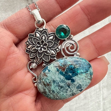 925 Lotus Chrysacolla + Topaz Pendant Necklace