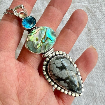 925 WOW! Abalone Shell + Snowflake Obsidian + Topaz Pendant Necklace