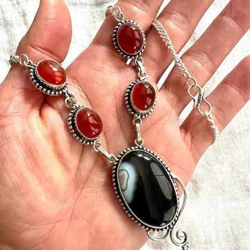 925 Protection Combo! Banded Black Onyx + Carnelian Necklace Pendant