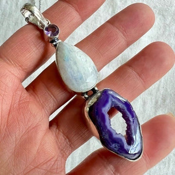 925 INDIGO 3rd Eye Window Solar Quartz + Rainbow Flash Moonstone Necklace