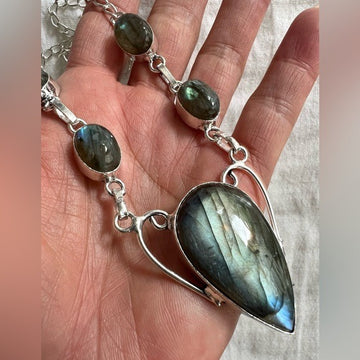 925 Silvery Blue FLASH Labradorite 5 Stone Necklace Pendant