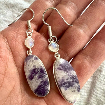 925 OMG Stunning! Galaxy Lepidolite + Rainbow Flash Moonstone Earrings
