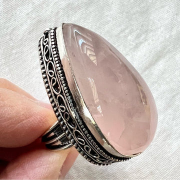 925 Large Ornate Rose Quartz Teardrop Ring Sz 7.5