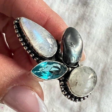 925 Rainbow Flash Moonstone + Pearl Multi Stone Ring 8