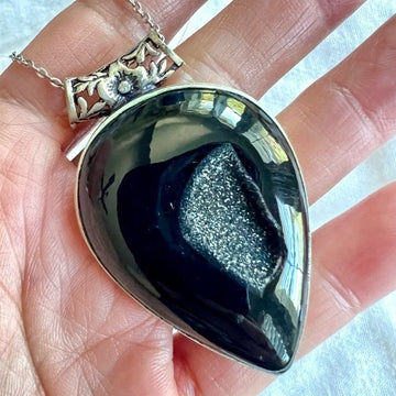 925 Protection Black Onyx Druzy Pendant Necklace