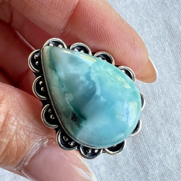 925 Calming Caribbean LARIMAR Teardrop Ring 6.5