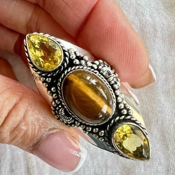 925 GODDESS SHIELD RING Tigers Eye + Citrine 9