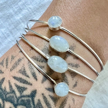 925 Rainbow Flash Moonstone 4 Stone Orbit Cuff Bracelet
