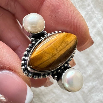925 Will Power Tigers Eye + Pearl Ring 6.5