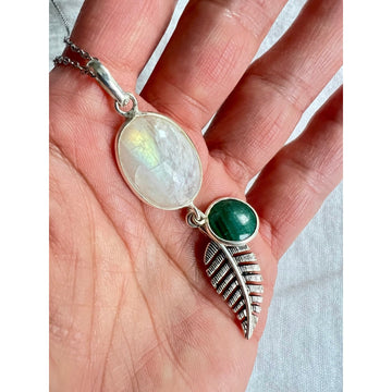 925 Spirit Feather Rainbow Flash Moonstone + Malachite Necklace Pendant