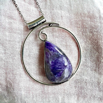 925 Modern Circle Charoite Pendant Necklace