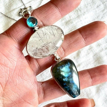 925 GORGEOUS! Flash Labradorite + Fine Tourmaline Tourmalated Quartz Necklace